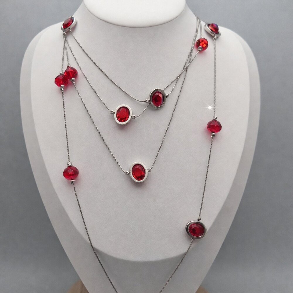 ✨2/$10✨ Bohemian Red Faceted Bead Necklace Double Strand Silver Tone